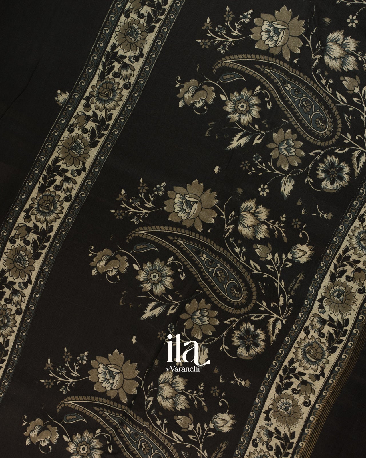 Black Digital Floral Printed Cotton Saree