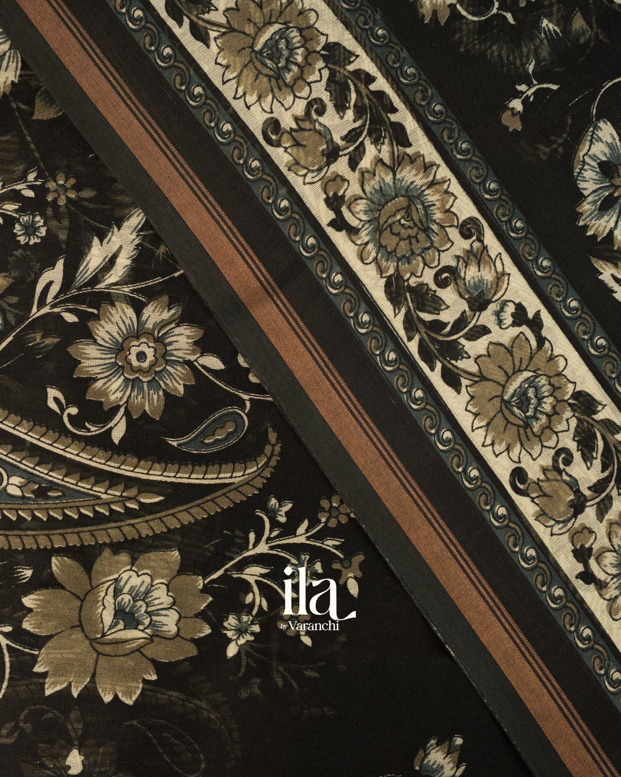 Black Digital Floral Printed Cotton Saree