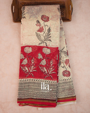 Cream Floral Digital Printed Cotton Saree