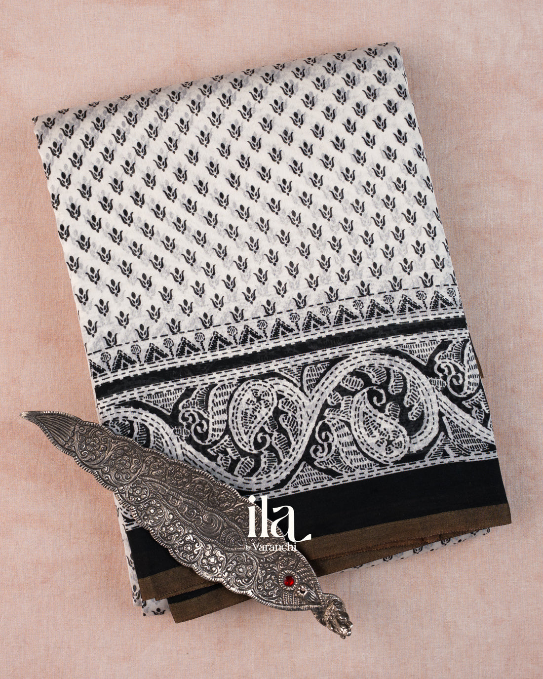 White Floral Digital Printed Cotton Saree
