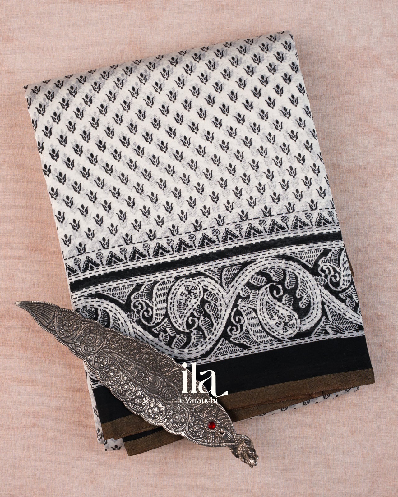 White Floral Digital Printed Cotton Saree