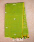 Parrot Green Jamdani Pure Mul Mul Cotton Handloom Saree