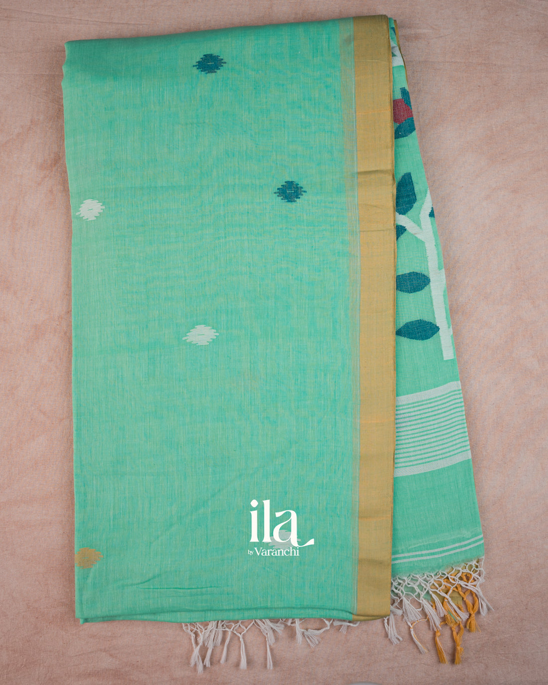 Aqua Green Jamdani Mul Cotton Saree