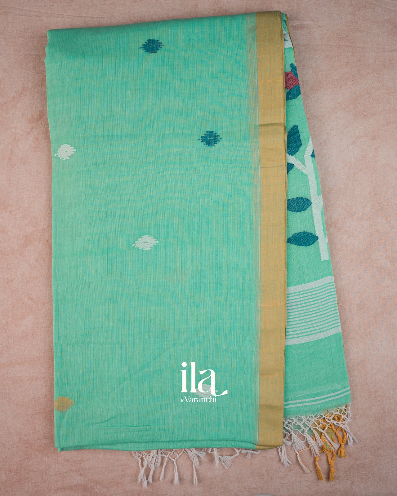 Aqua Green Jamdani Mul Cotton Saree
