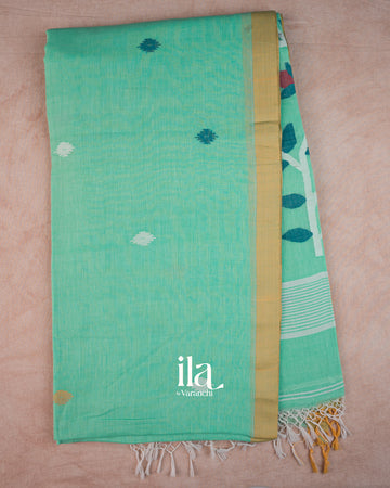 Aqua Green Jamdani Mul Cotton Saree