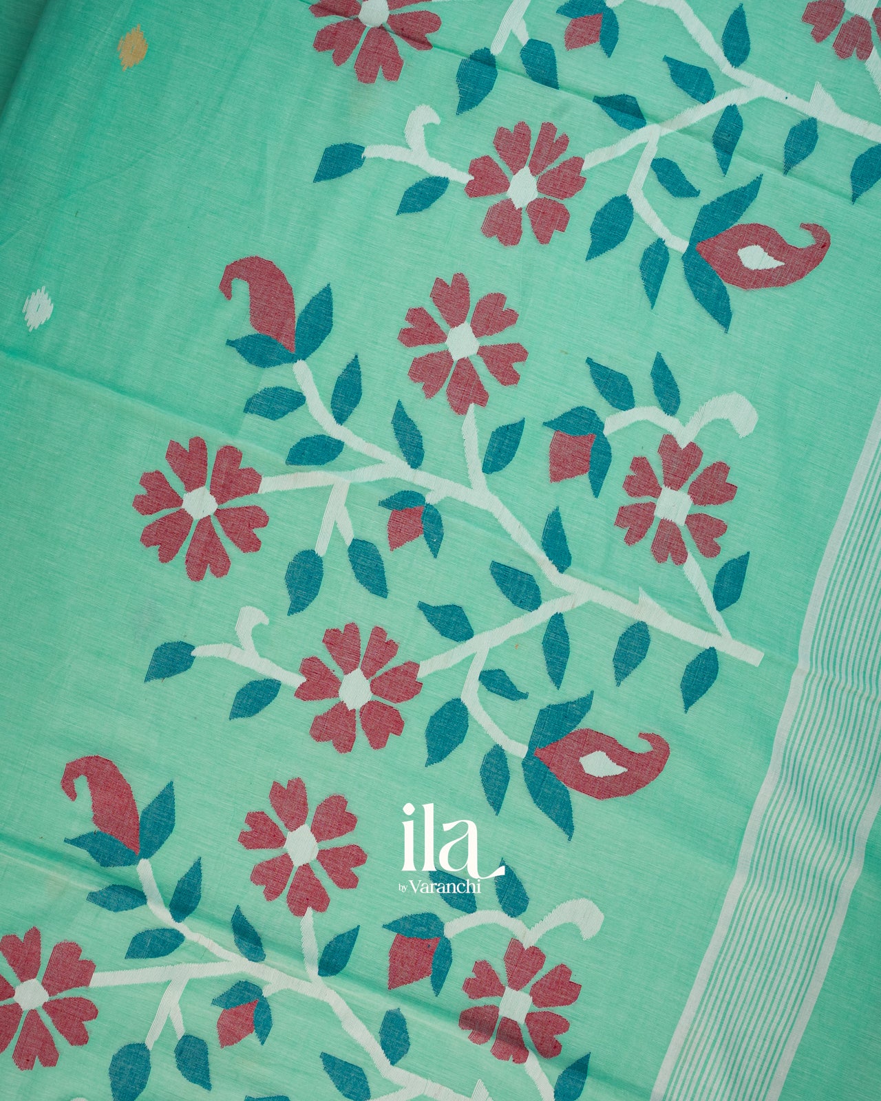 Aqua Green Jamdani Mul Cotton Saree