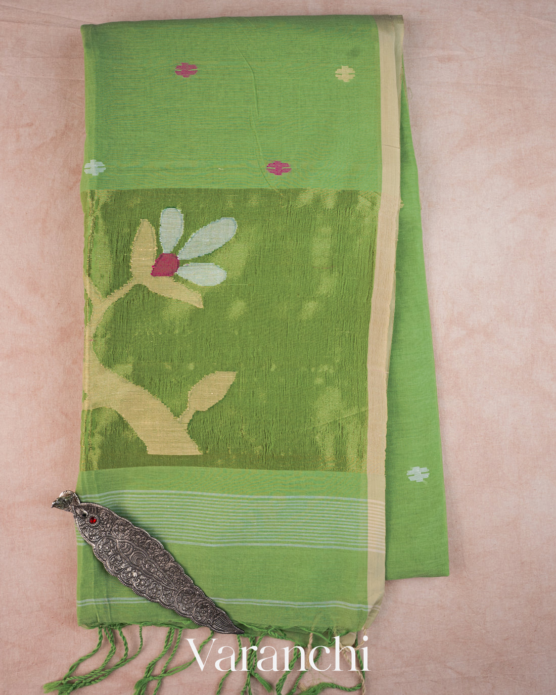 Light Green Jamdani with Paithani Pallu Mul Cotton Saree