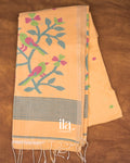 Muted Peach Jamdani Pure Mul Cotton Saree