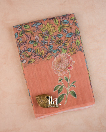 Peach Floral Applique and Digital Printed Pure Kota Cotton Saree — Folded