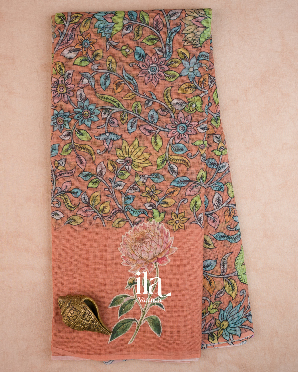 Peach Floral Applique and Digital Printed Pure Kota Cotton Saree — Full Saree