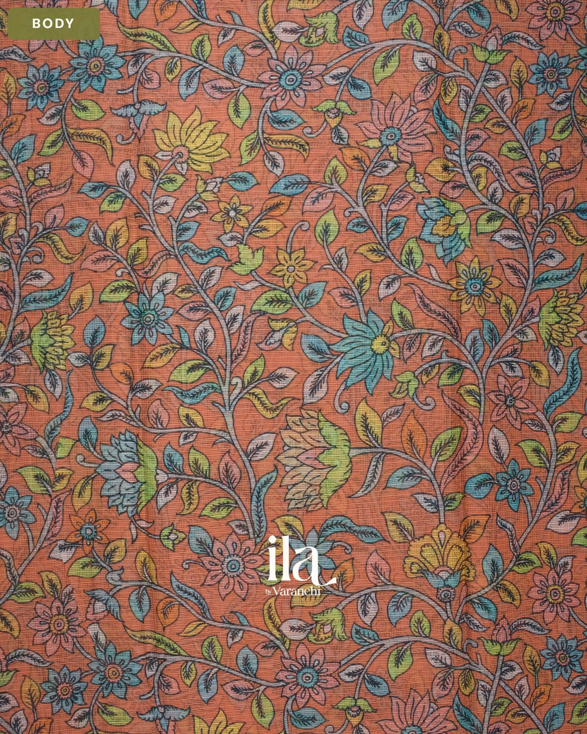 Peach Floral Applique and Digital Printed Pure Kota Cotton Saree — Body