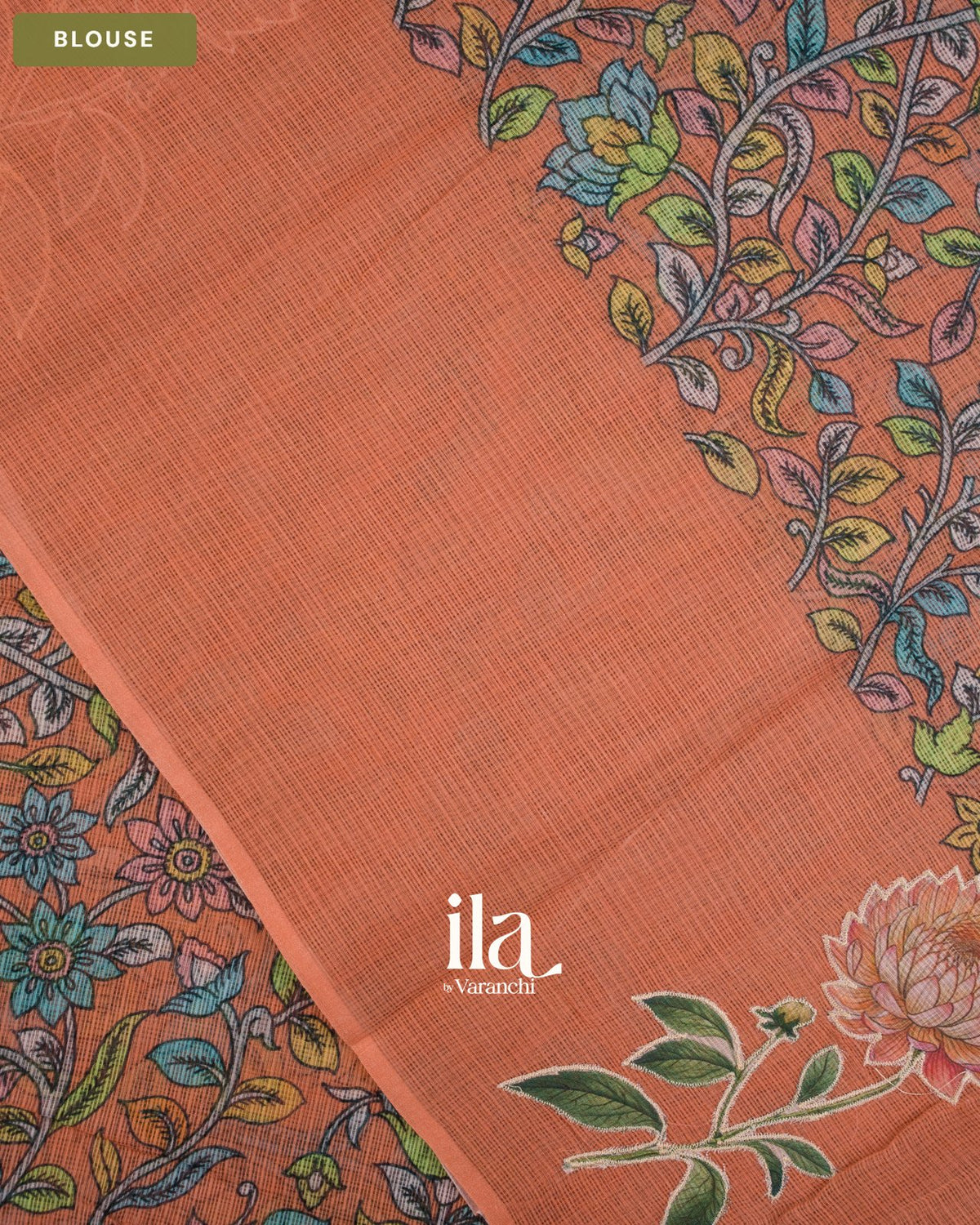 Peach Floral Applique and Digital Printed Pure Kota Cotton Saree — Blouse
