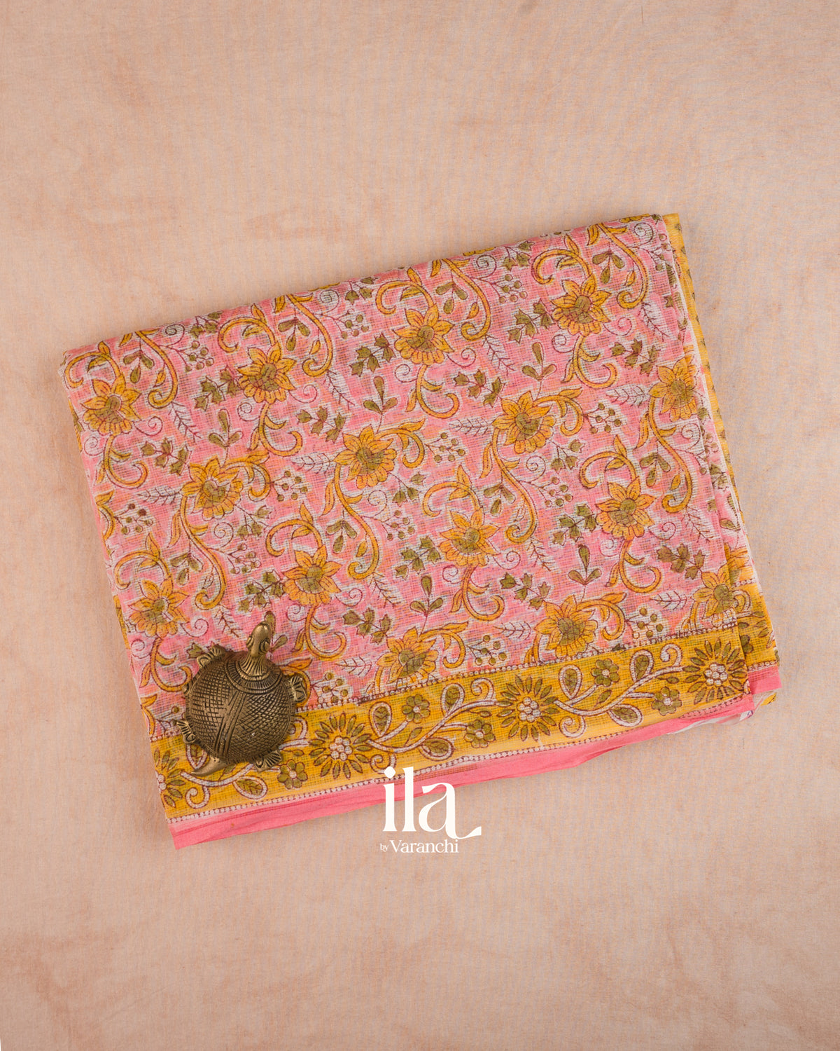 Baby Pink Floral Ajrakh Printed Pure Kota Cotton Saree — Folded