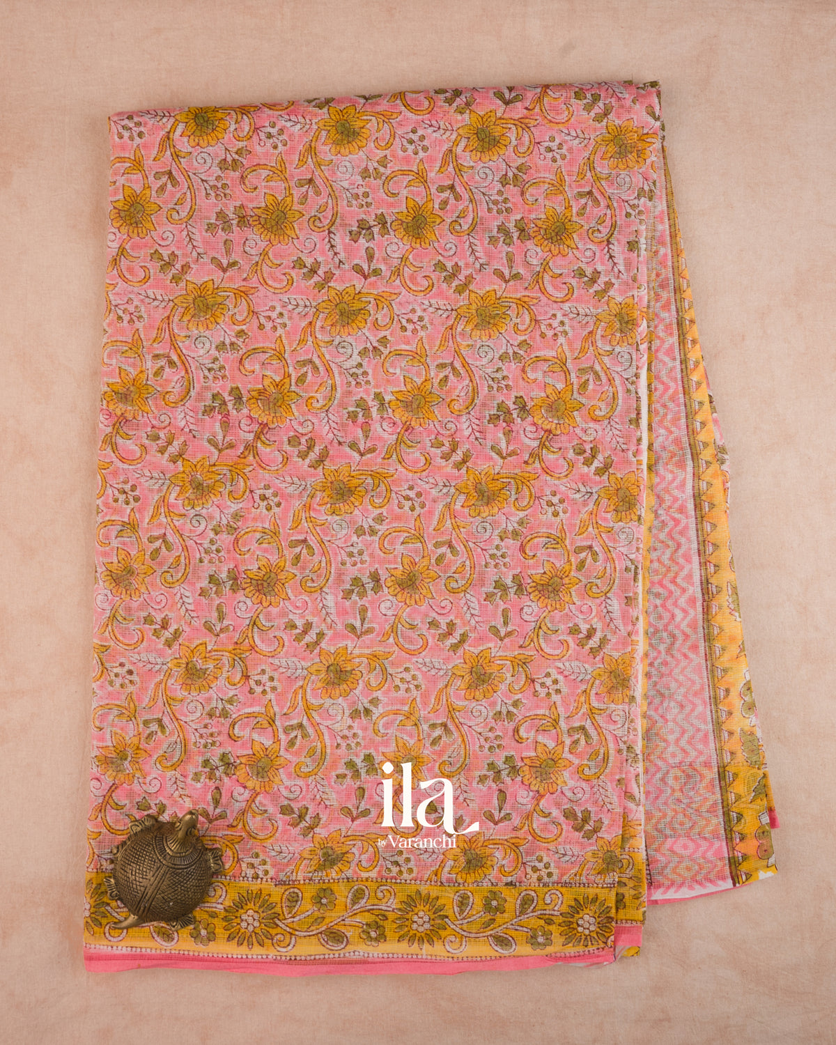 Baby Pink Floral Ajrakh Printed Pure Kota Cotton Saree — Full Saree