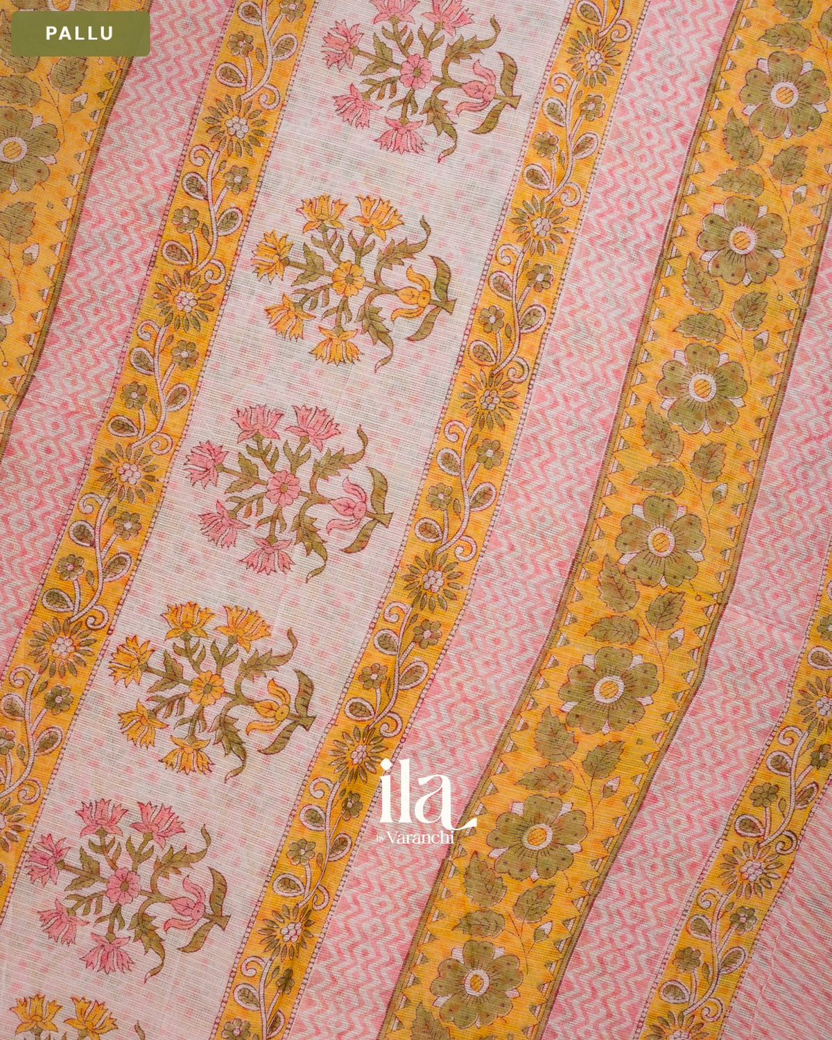 Baby Pink Floral Ajrakh Printed Pure Kota Cotton Saree — Pallu