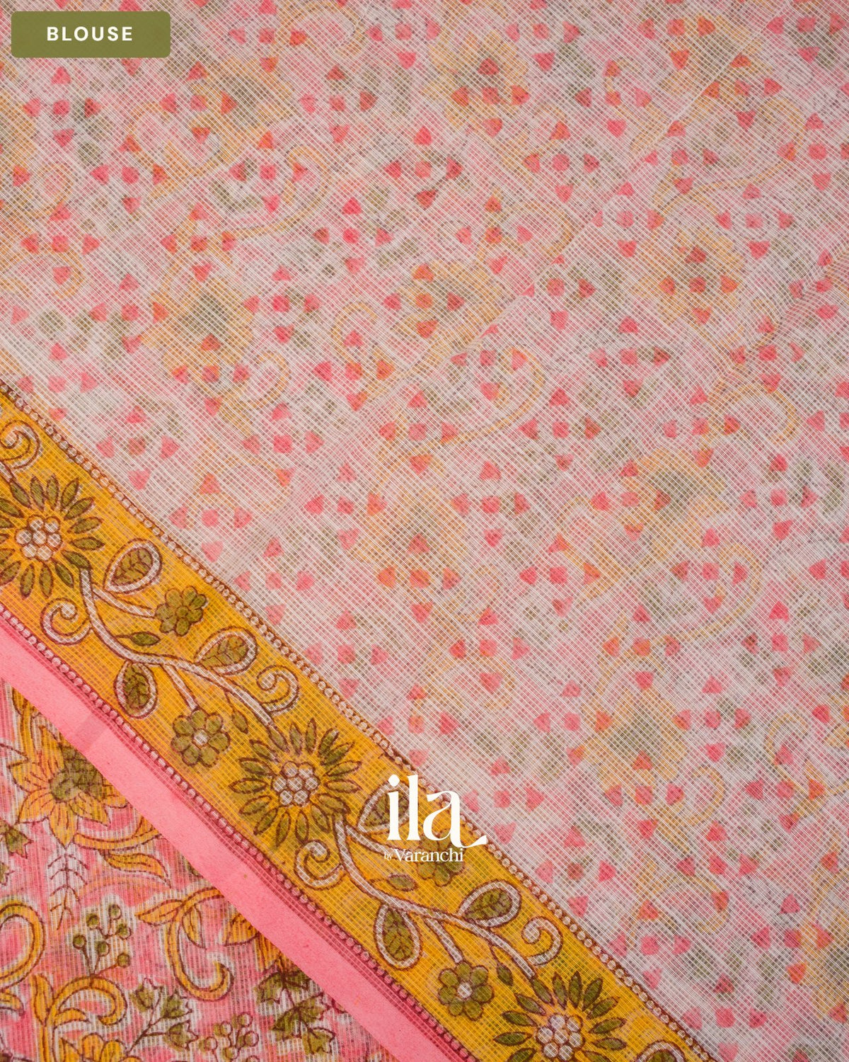 Baby Pink Floral Ajrakh Printed Pure Kota Cotton Saree — Blouse