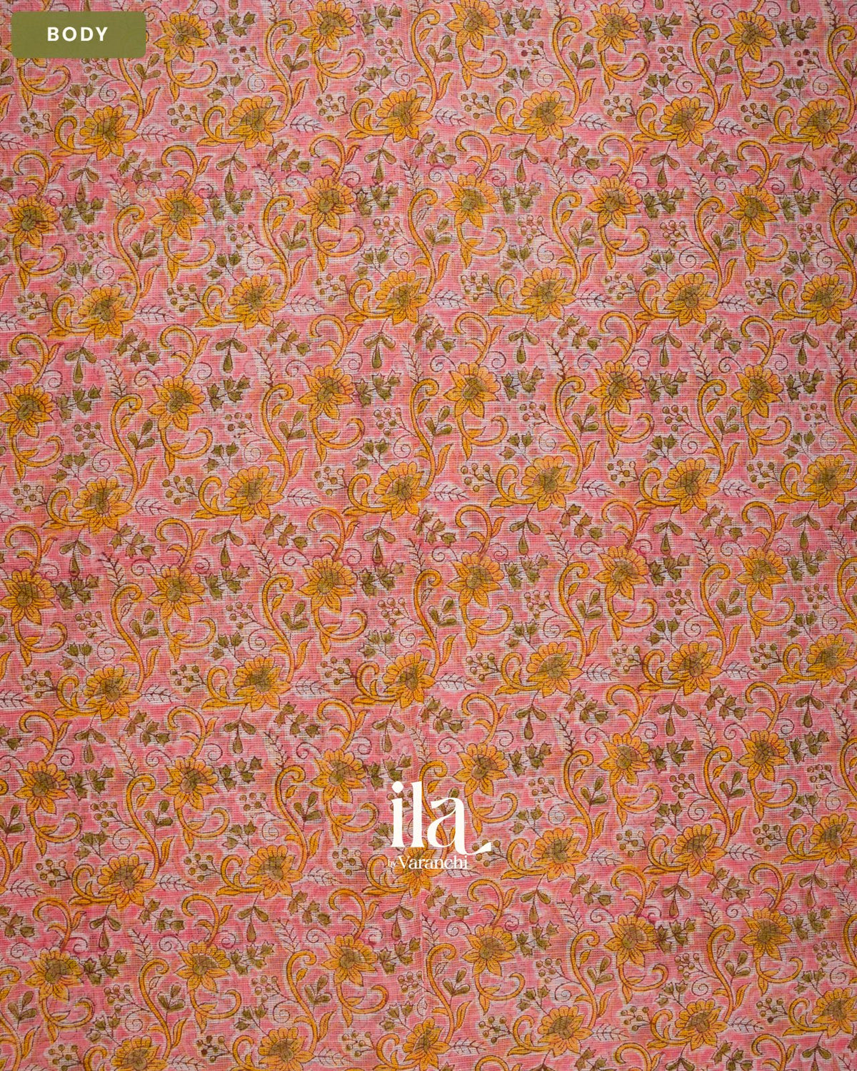 Baby Pink Floral Ajrakh Printed Pure Kota Cotton Saree — Body