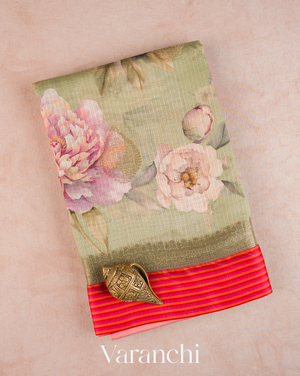 Sage Green Digital Printed Pure Kota Cotton Saree — Folded