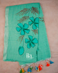 Sea Green Hand-Painted Floral Mul Cotton Saree — Full Saree