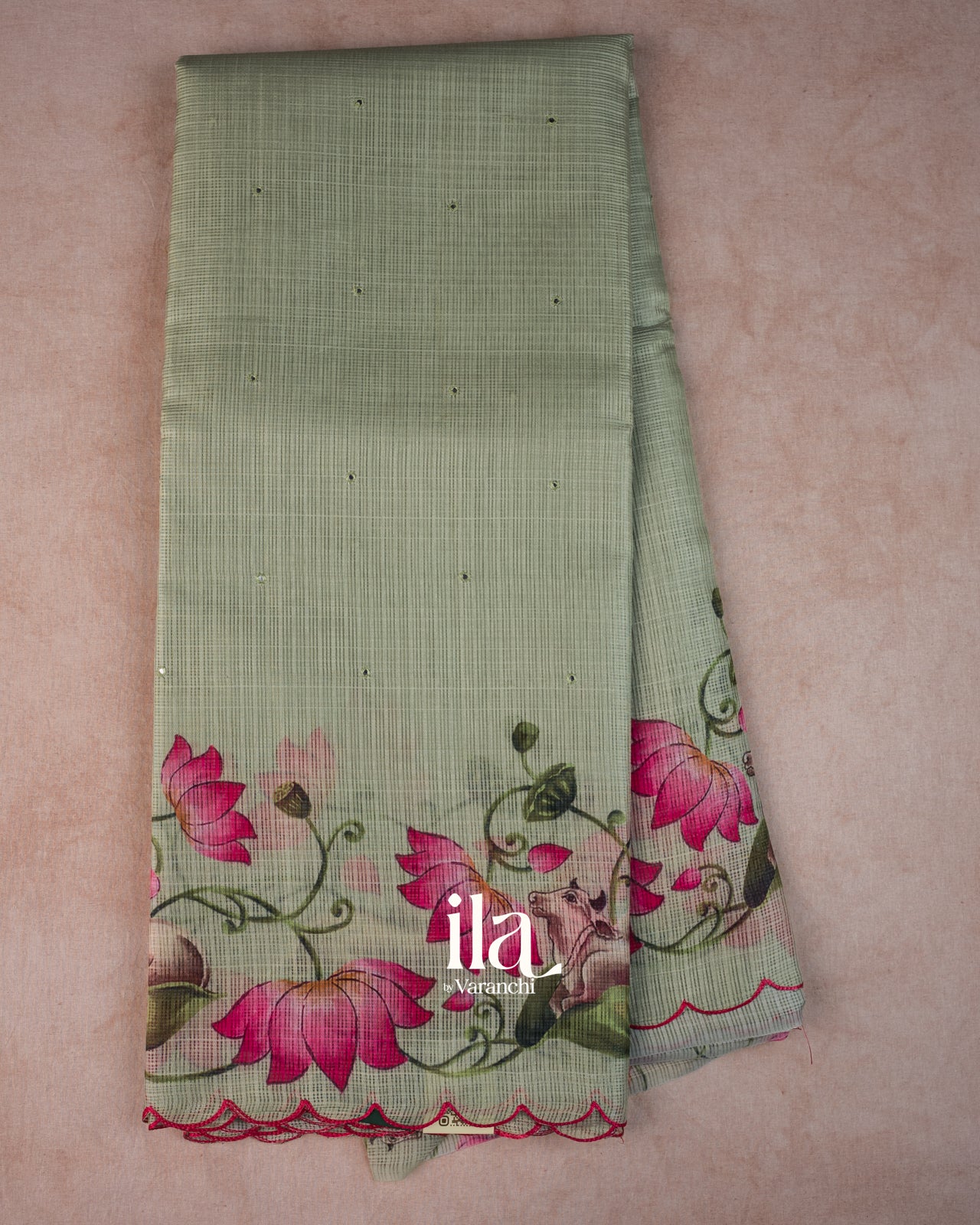 Sage Green Pichwai Printed Semi Kota Saree