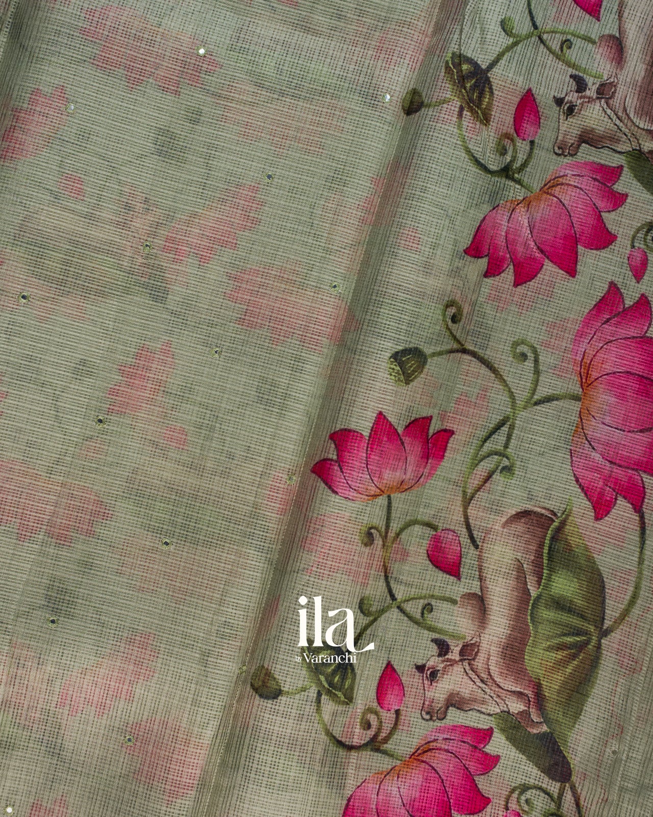 Sage Green Pichwai Printed Semi Kota Saree