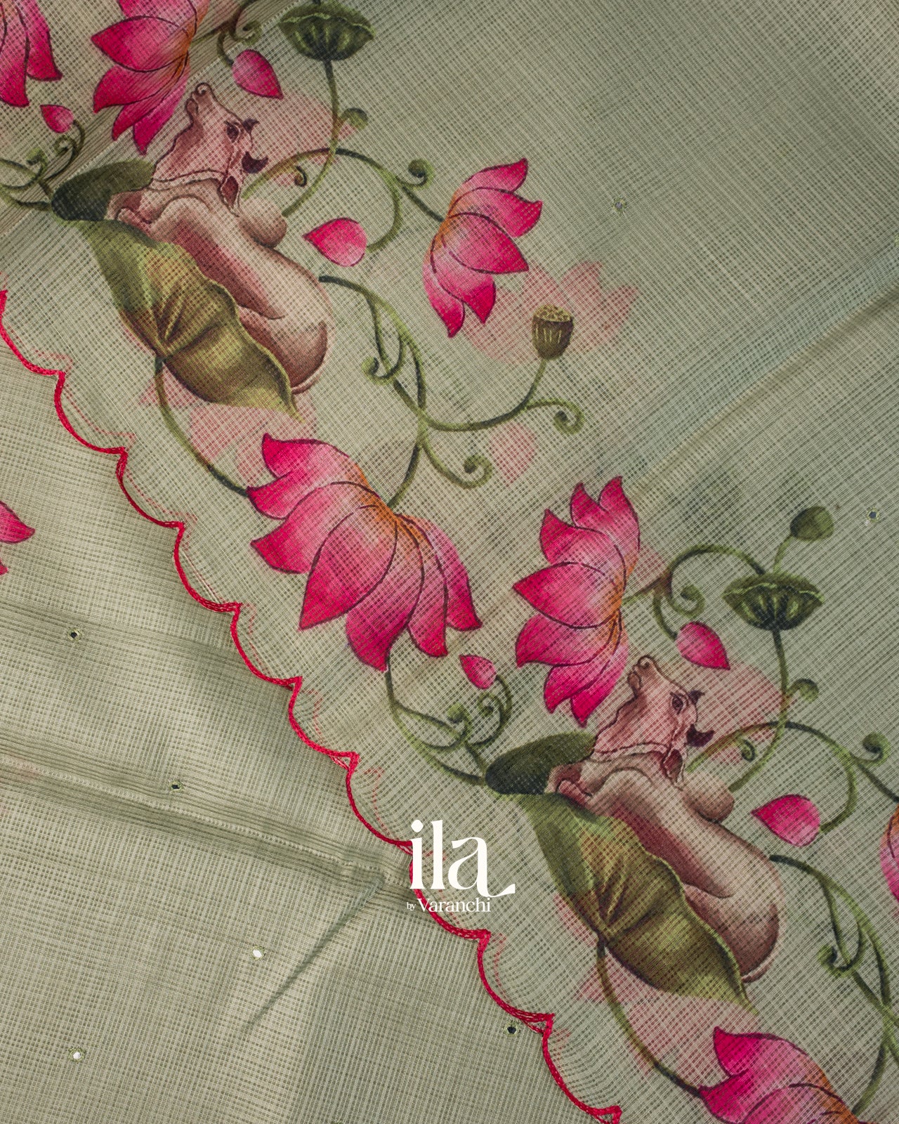 Sage Green Pichwai Printed Semi Kota Saree
