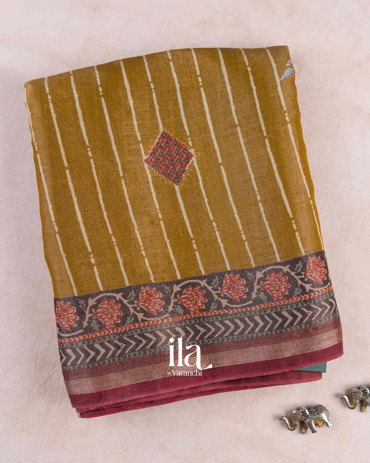 Mustard Yellow Striped Cotton Tissue Saree — Folded