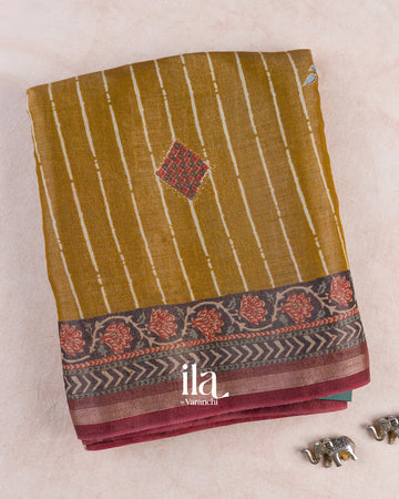 Mustard Yellow Striped Cotton Tissue Saree — Folded