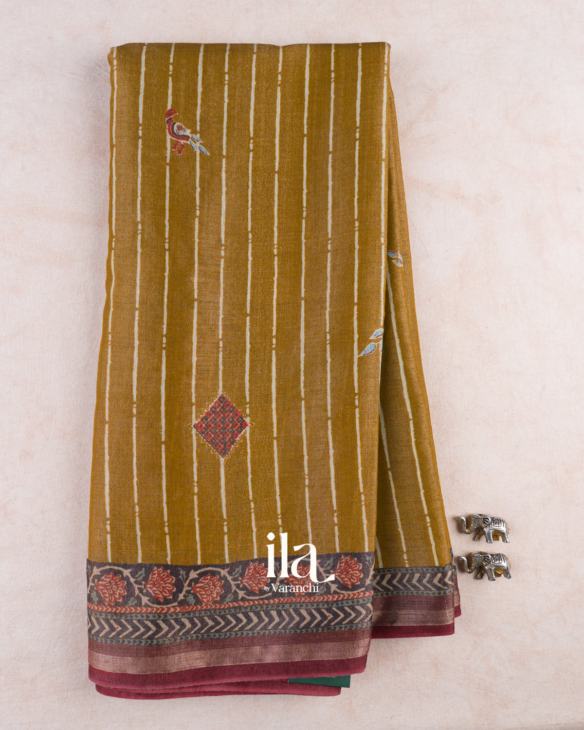 Mustard Yellow Striped Cotton Tissue Saree — Full Saree