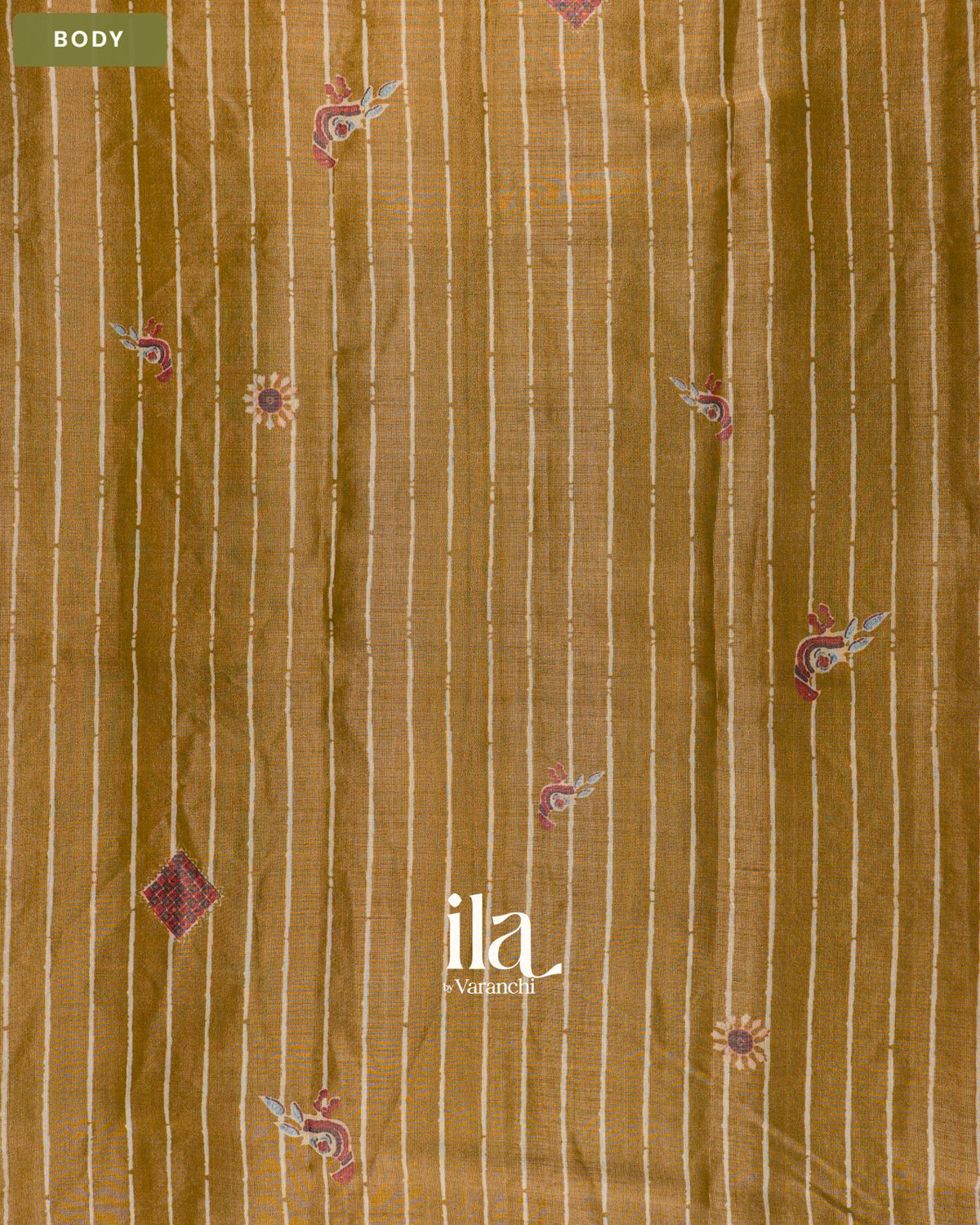 Mustard Yellow Striped Cotton Tissue Saree — Body