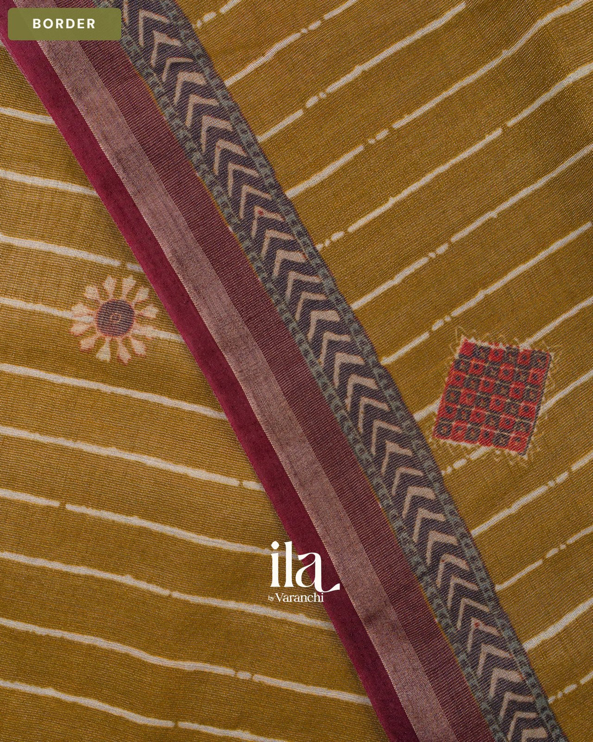 Mustard Yellow Striped Cotton Tissue Saree — Border