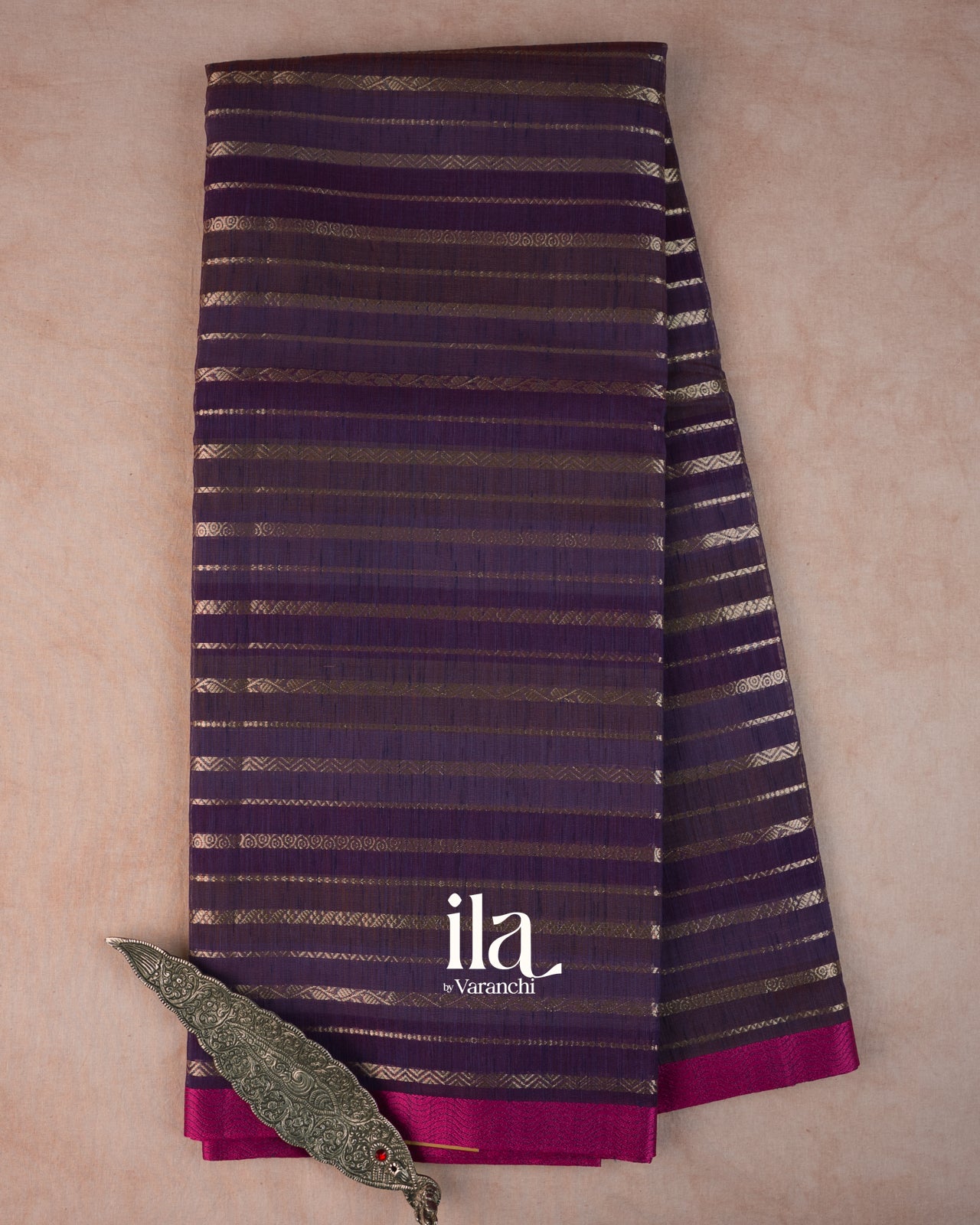 Deep Purple Stripeed Semi Dupion Saree