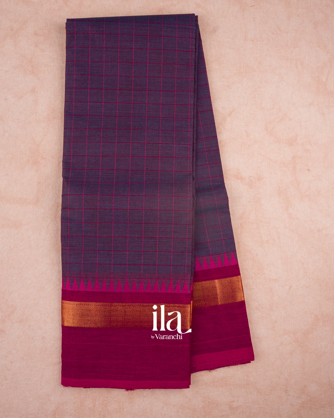 Deep Purple Checkered Pure Chettinad Cotton Handloom Saree