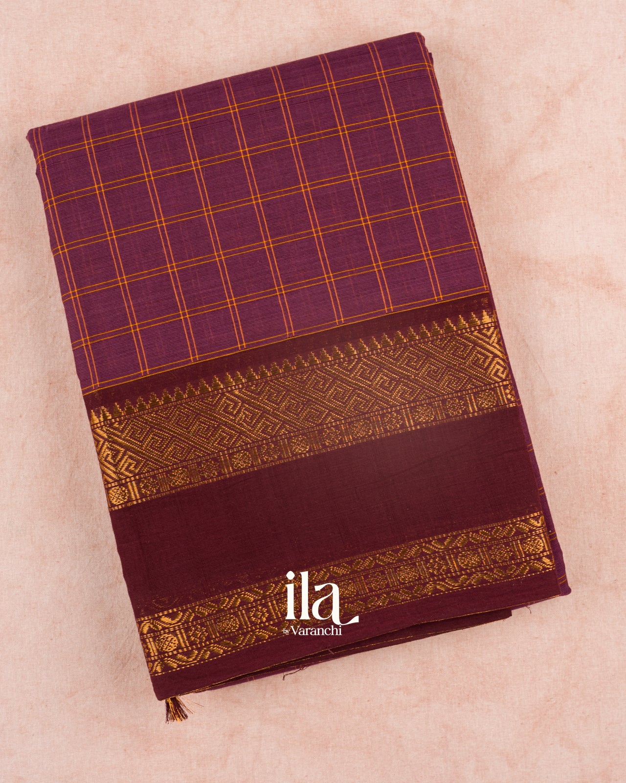Wine Purple Checkered Pure Chettinad Cotton Handloom Saree