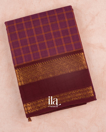 Wine Purple Checkered Pure Chettinad Cotton Handloom Saree