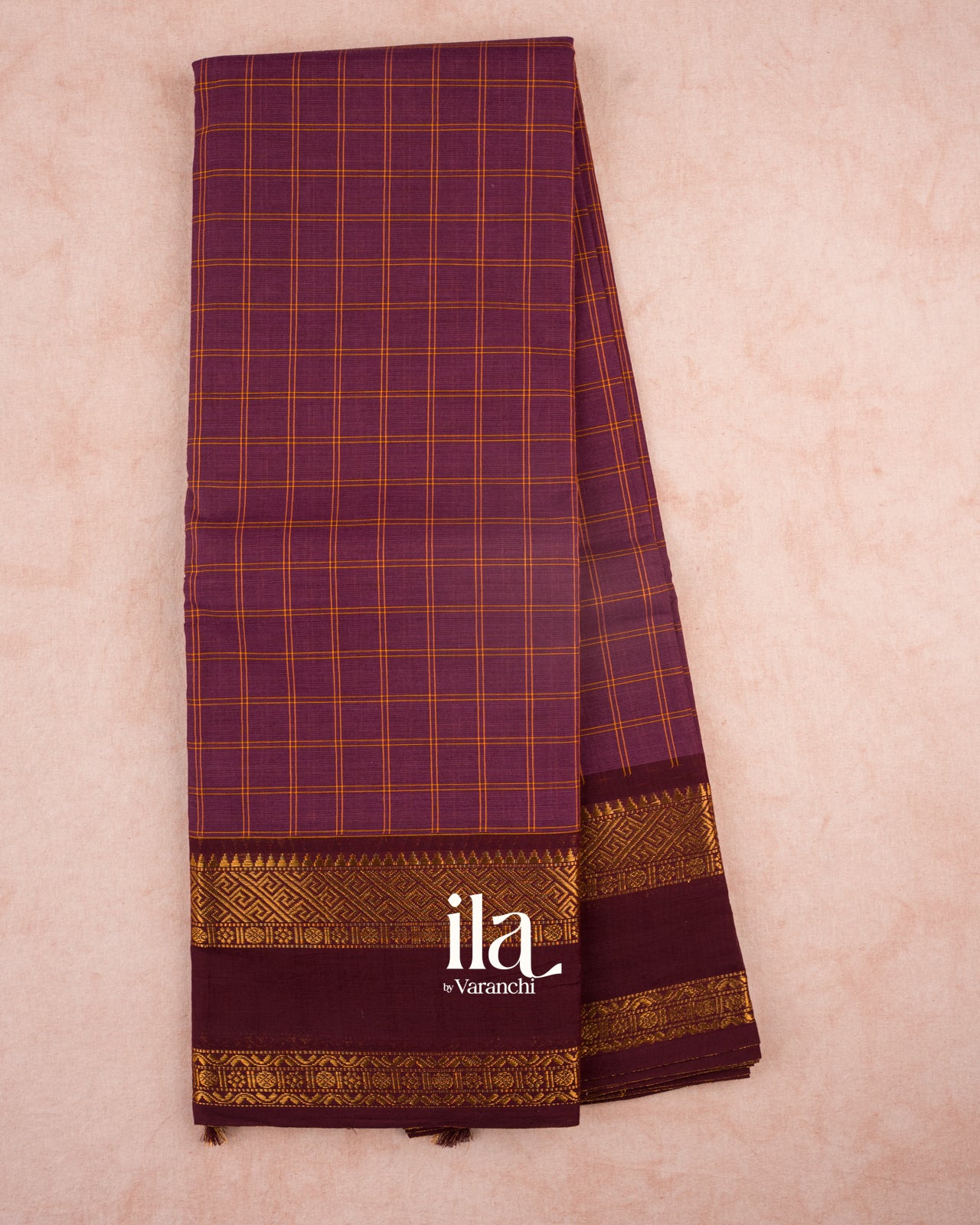 Wine Purple Checkered Pure Chettinad Cotton Handloom Saree