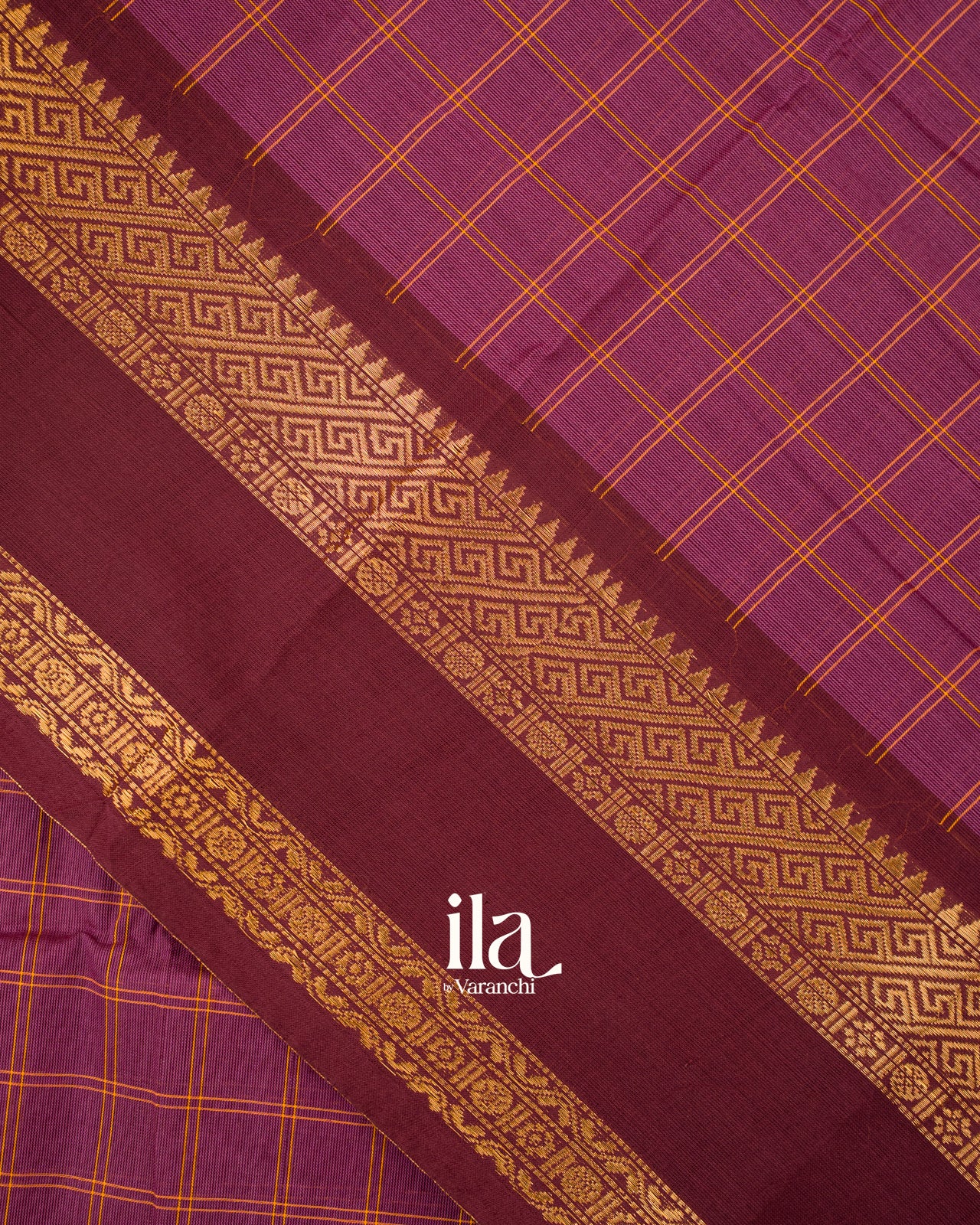 Wine Purple Checkered Pure Chettinad Cotton Handloom Saree