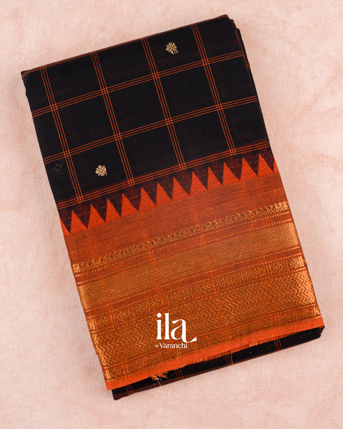 Black Checkered Pure Chettinad Cotton Handloom Saree