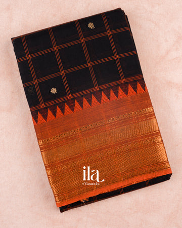 Black Checkered Pure Chettinad Cotton Handloom Saree