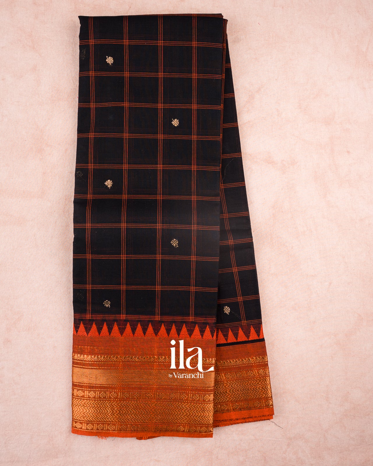 Black Checkered Pure Chettinad Cotton Handloom Saree