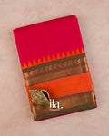 Bright Red Temple Bordered Kanchipuram Cotton Saree — Folded