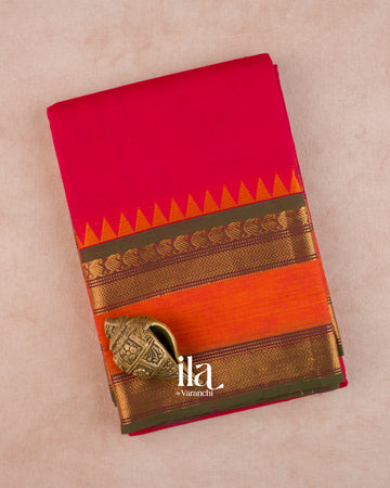 Bright Red Temple Bordered Kanchipuram Cotton Saree — Folded