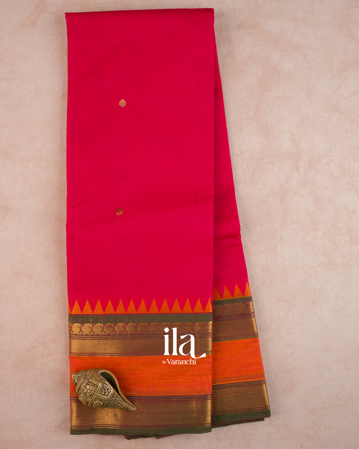 Bright Red Temple Bordered Kanchipuram Cotton Saree — Full Saree