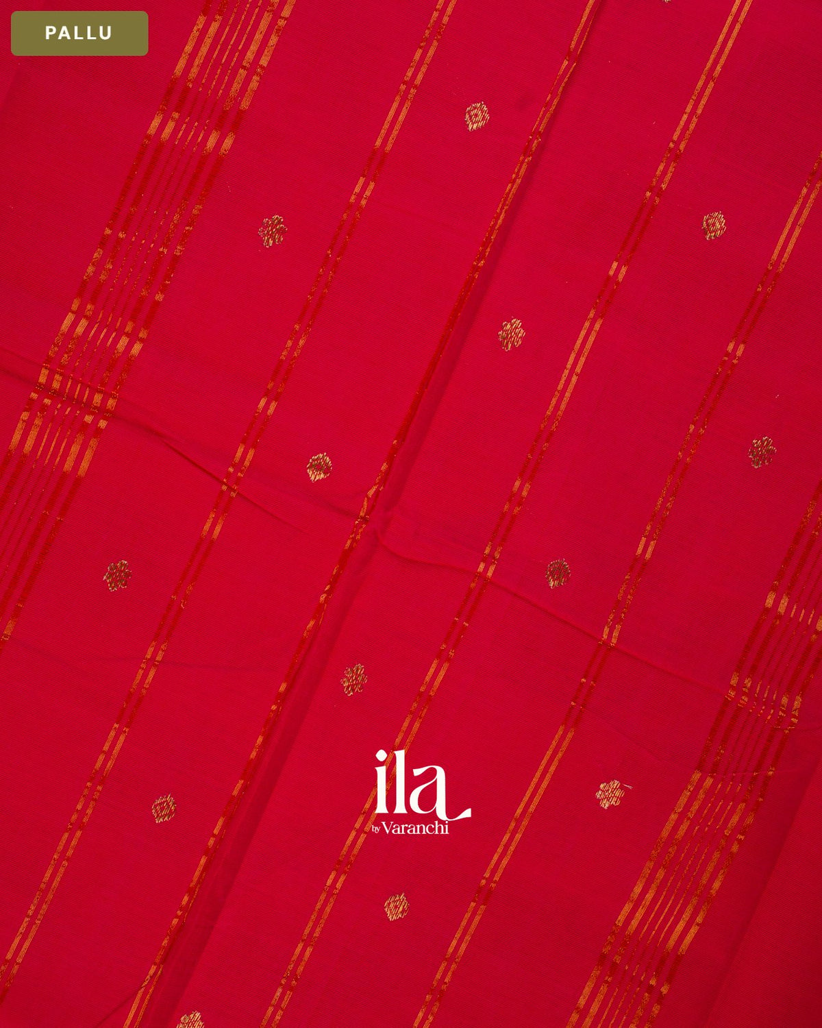Bright Red Temple Bordered Kanchipuram Cotton Saree — Pallu