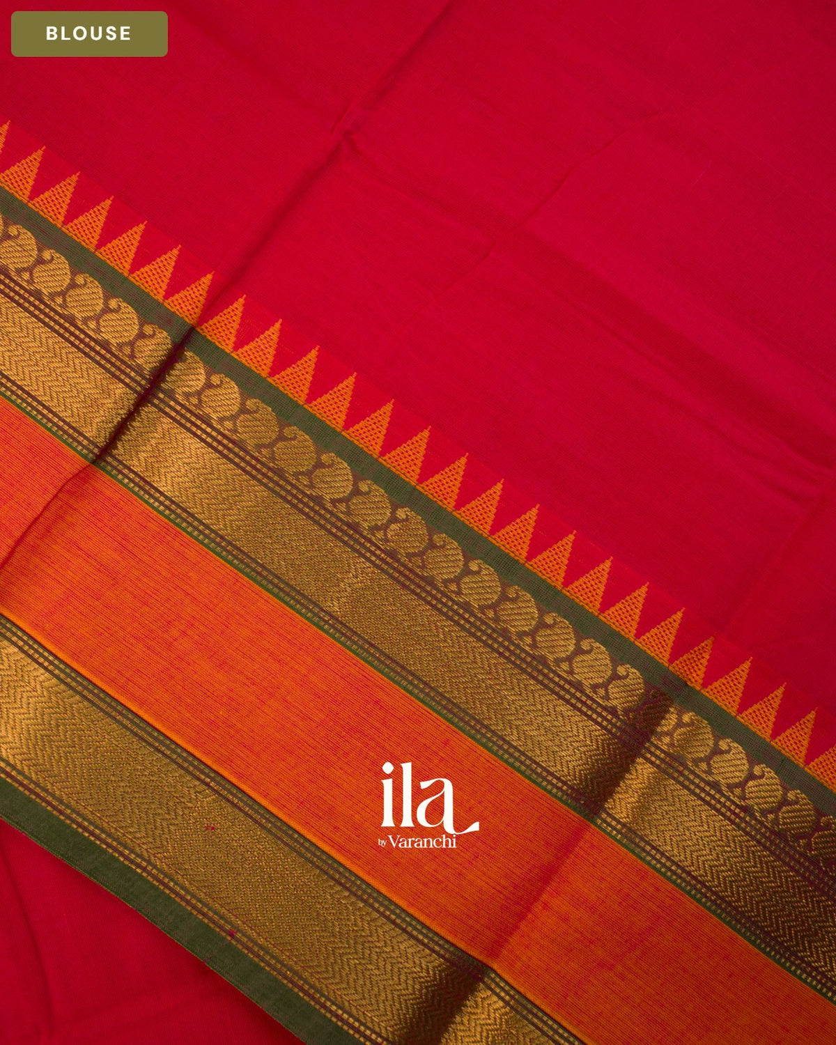 Bright Red Temple Bordered Kanchipuram Cotton Saree — Blouse