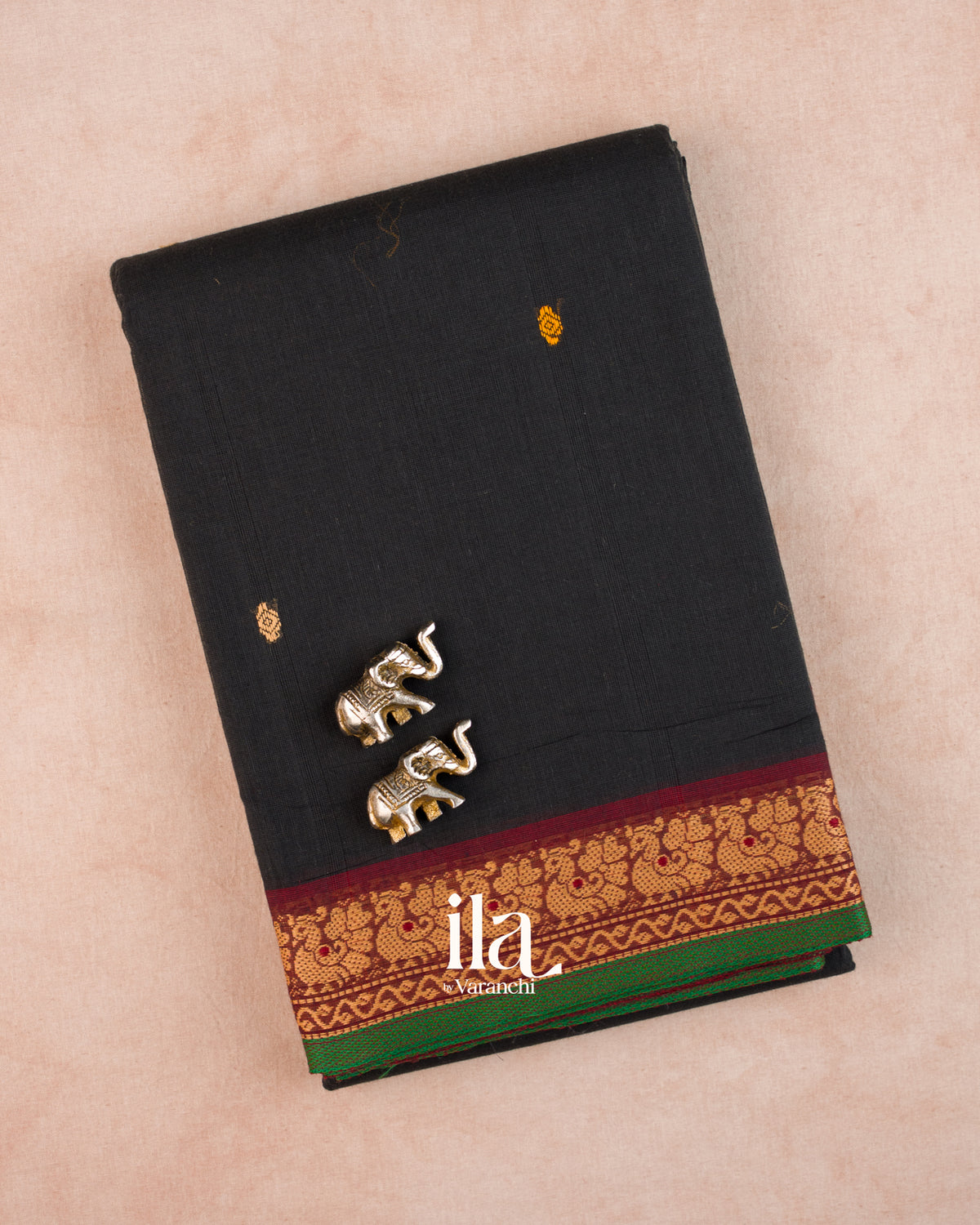 Black Kanchipuram Cotton Saree — Folded