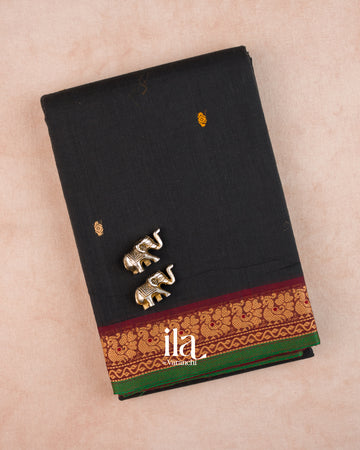 Black Kanchipuram Cotton Saree — Folded