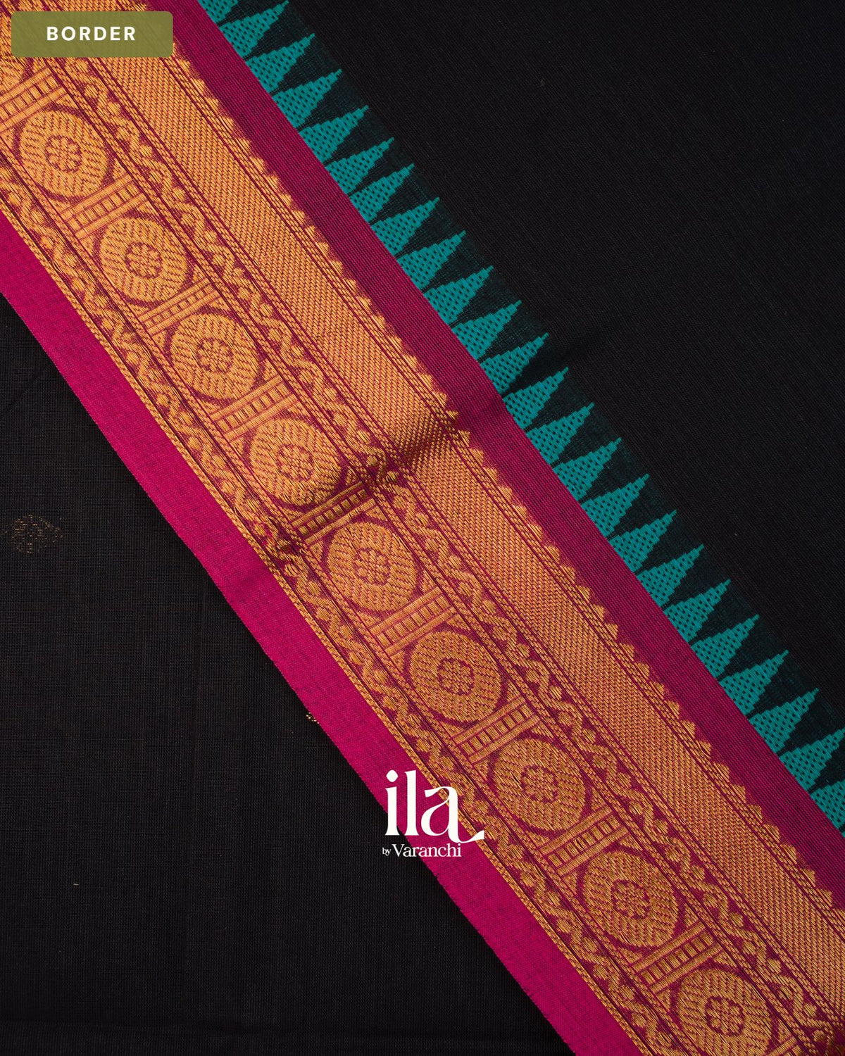 Jet Black Pure Chettinad Cotton Handloom Saree — Border