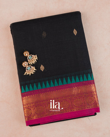 Jet Black Pure Chettinad Cotton Handloom Saree