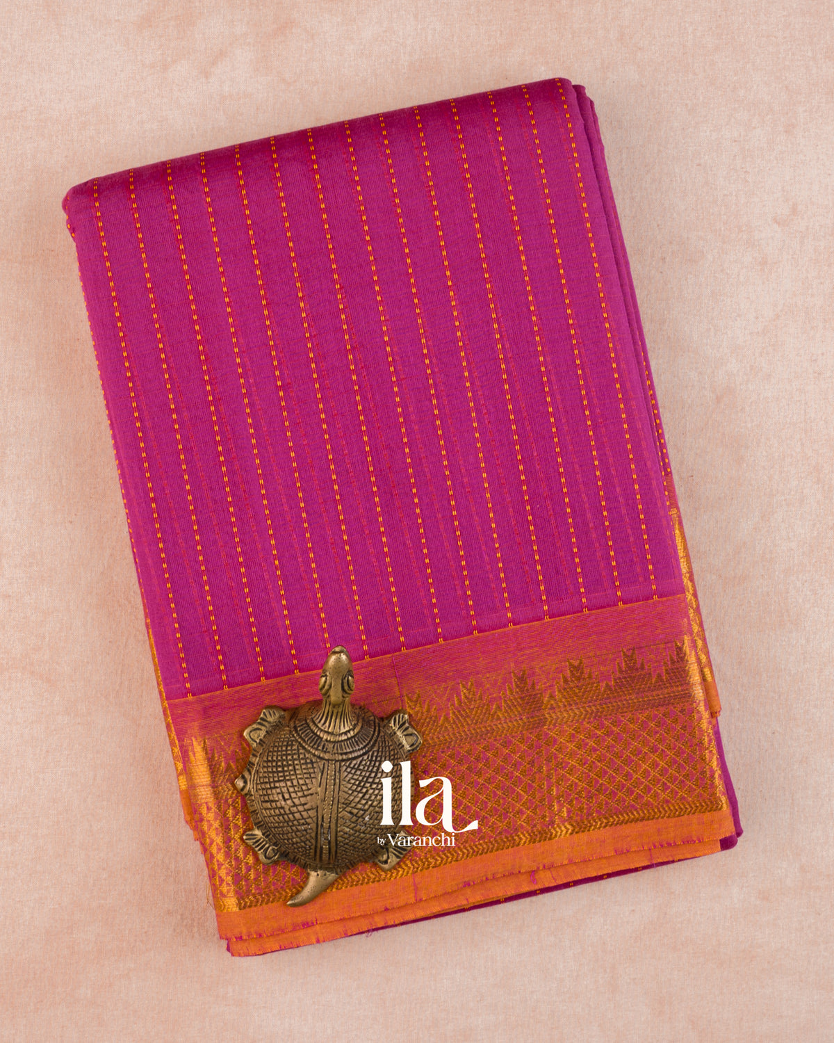 Rani Pink Striped Pure Chettinad Cotton Handloom Saree — Folded